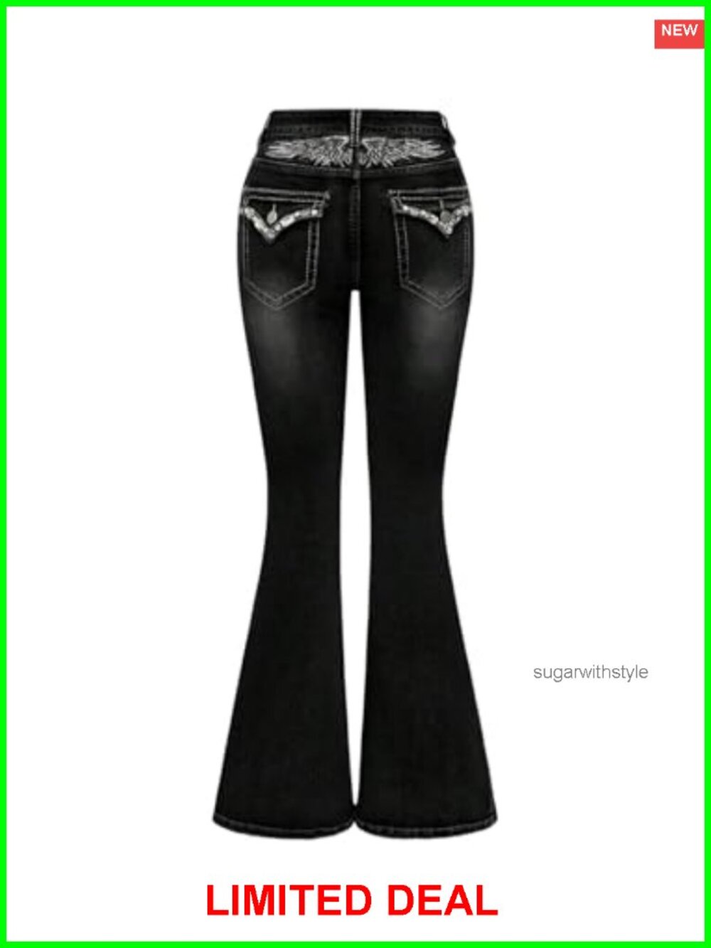 Goth Punk Rhinestone Embroidered Flare Jeans Low Rise Denim Pants